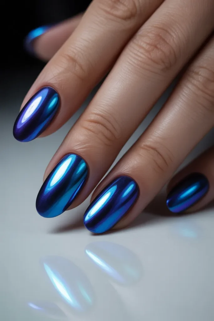 Blue chrome metallic oval nails