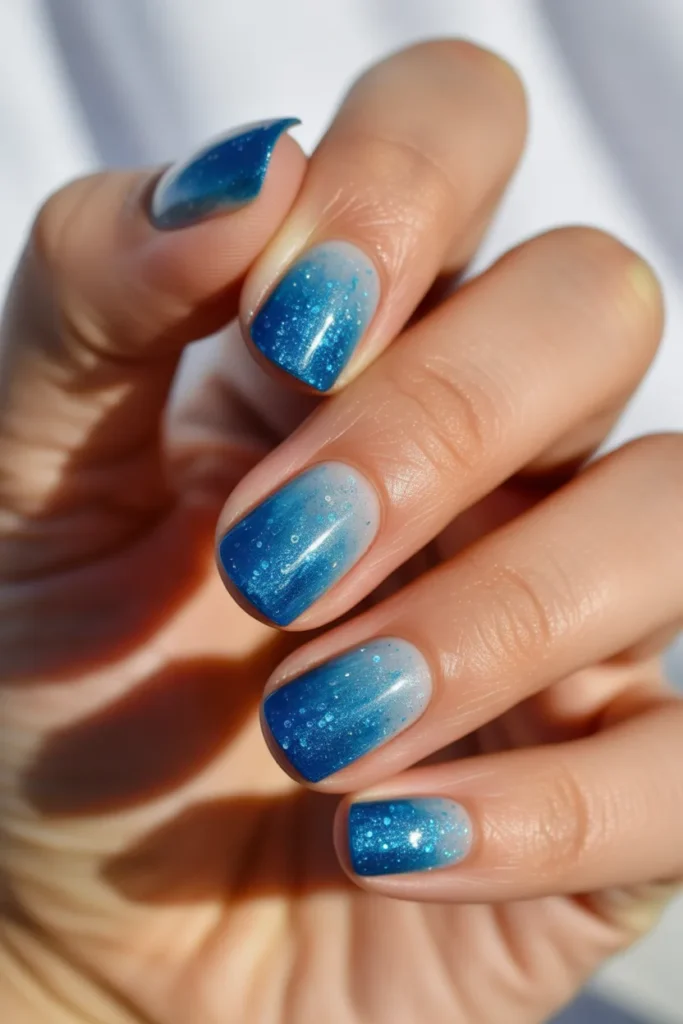 Blue glitter nails resembling sparkling ocean water