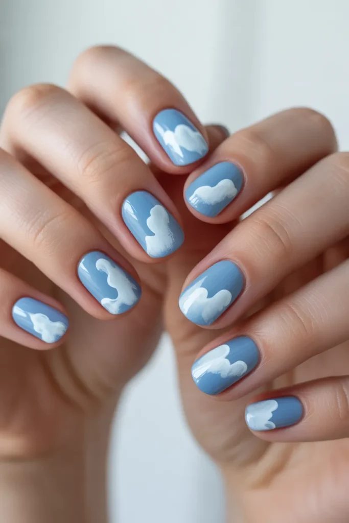 Blue nails with soft white cloud designs