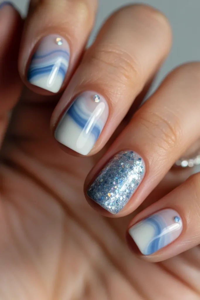 Blueberry milk nails with one glitter accent nail
