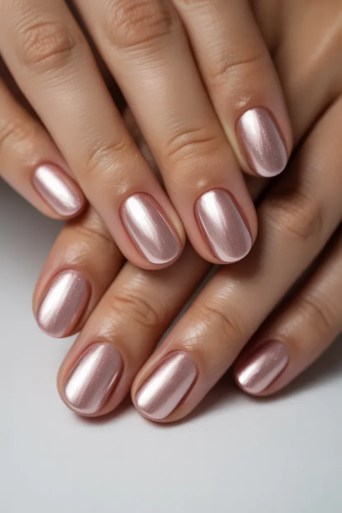 Blush nails with chrome powder finish