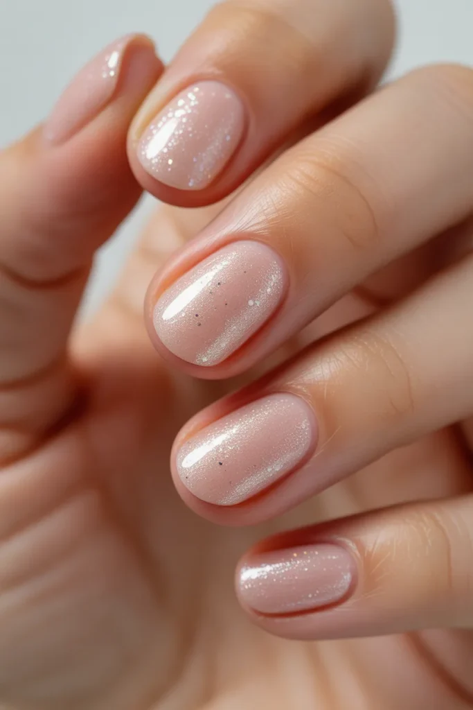 Blush nails with fine shimmer particles