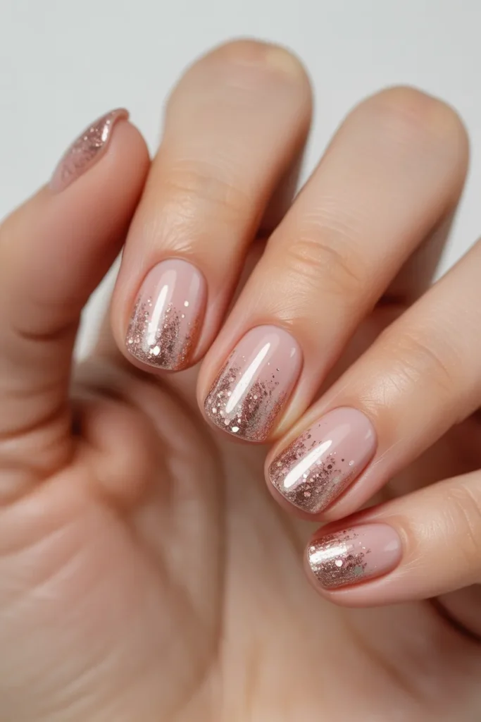 Blush nails with glitter ombre effect from tips.