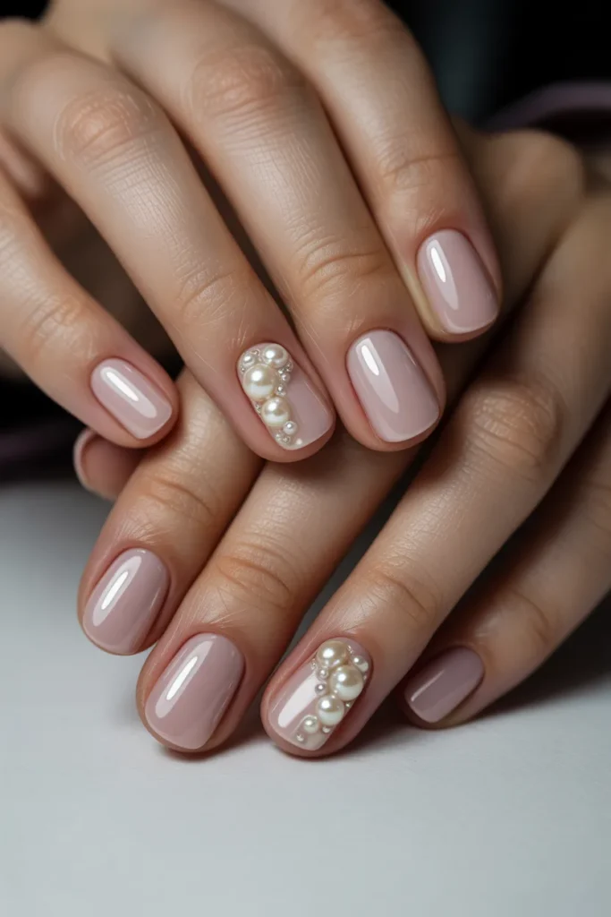 Blush nails with pearl embellishments