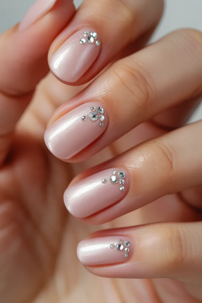 Blush nails with small crystal