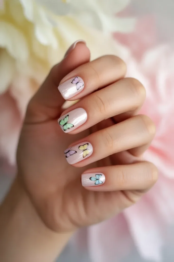 Blush nails with tiny butterfly decals