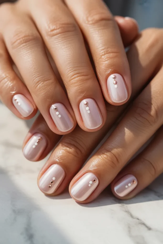 Blush nails with tiny dot accents