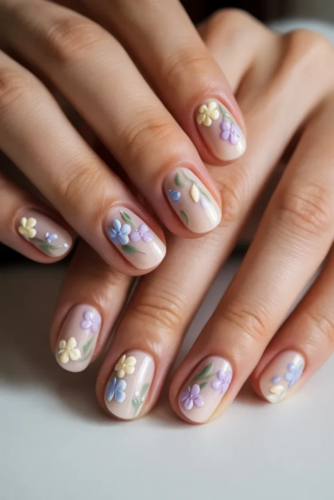 Blush nails with tiny hand-painted flowers