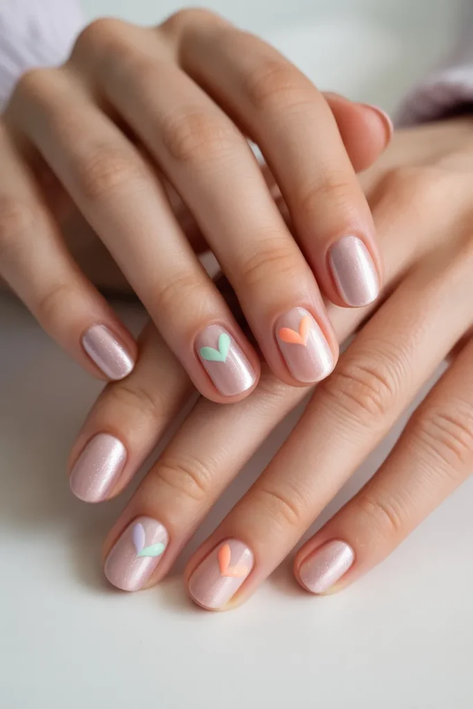 Blush nails with tiny heart designs in the center