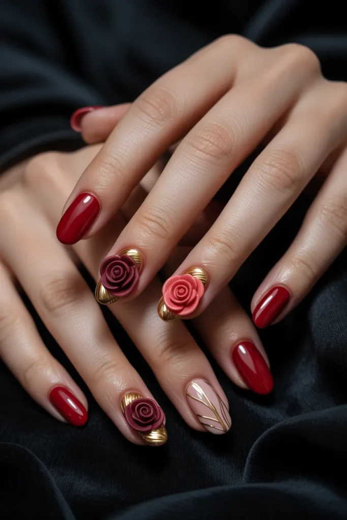 Bold red nails with 3D rose flowers and gold accents