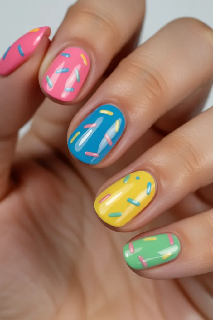 Bright candy colors nails with sprinkle-like confetti
