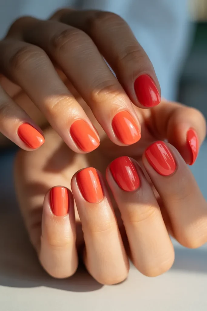 Bright coral nails, glossy finish, short nails