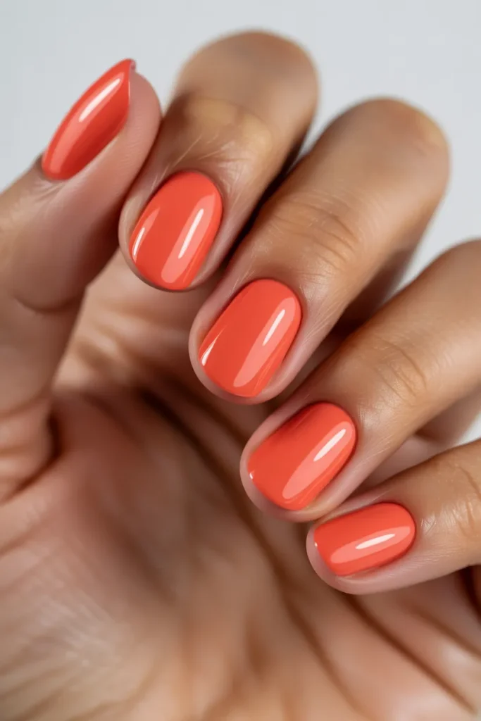 Bright coral nails with glossy finish
