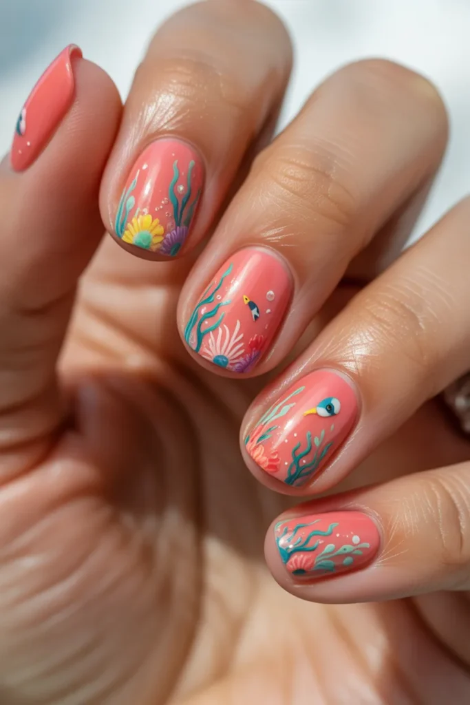 Bright coral nails with underwater reef patterns