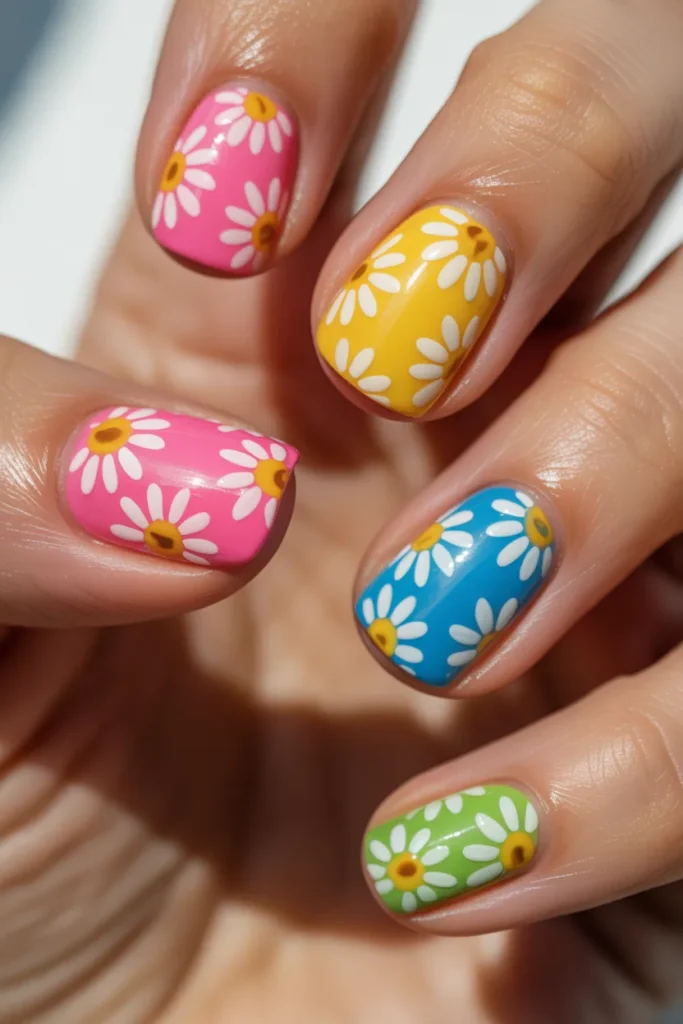 Bright multicolor nails with daisies in various shades