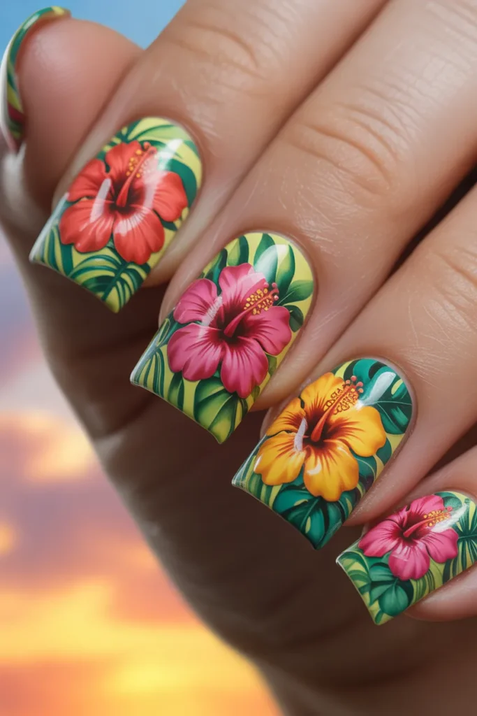 Bright nails with tropical flowers like hibiscus in 3D style