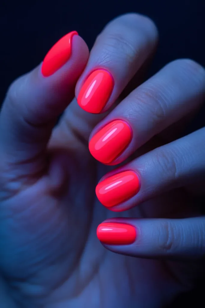  Bright neon red nails glowing under UV light