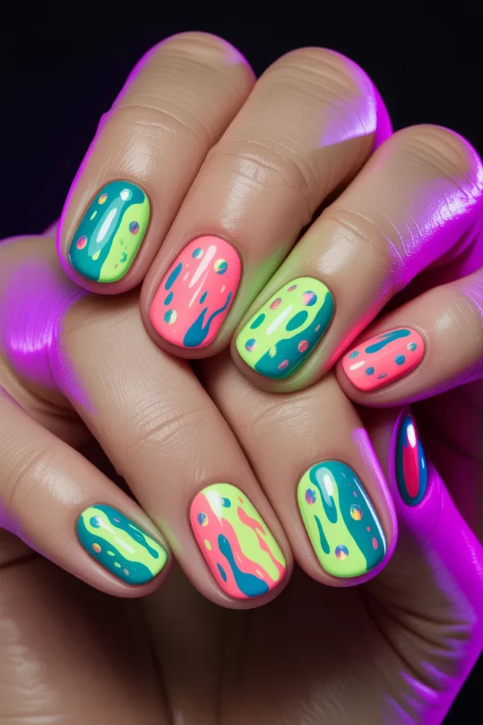 Bright neon nails splashes combined with confetti dots