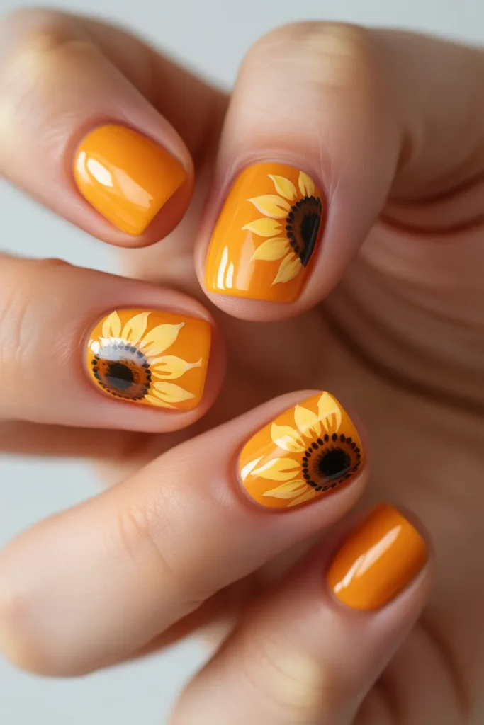 Bright orange nails with sunflower art