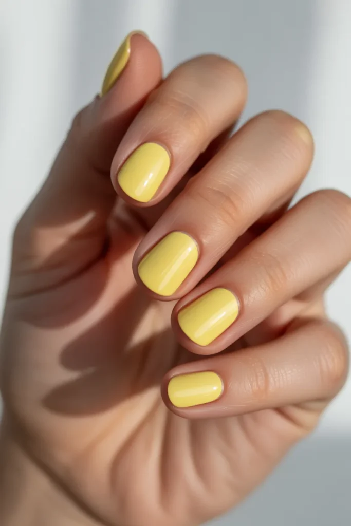 Bright pastel yellow nails on short rounded nails