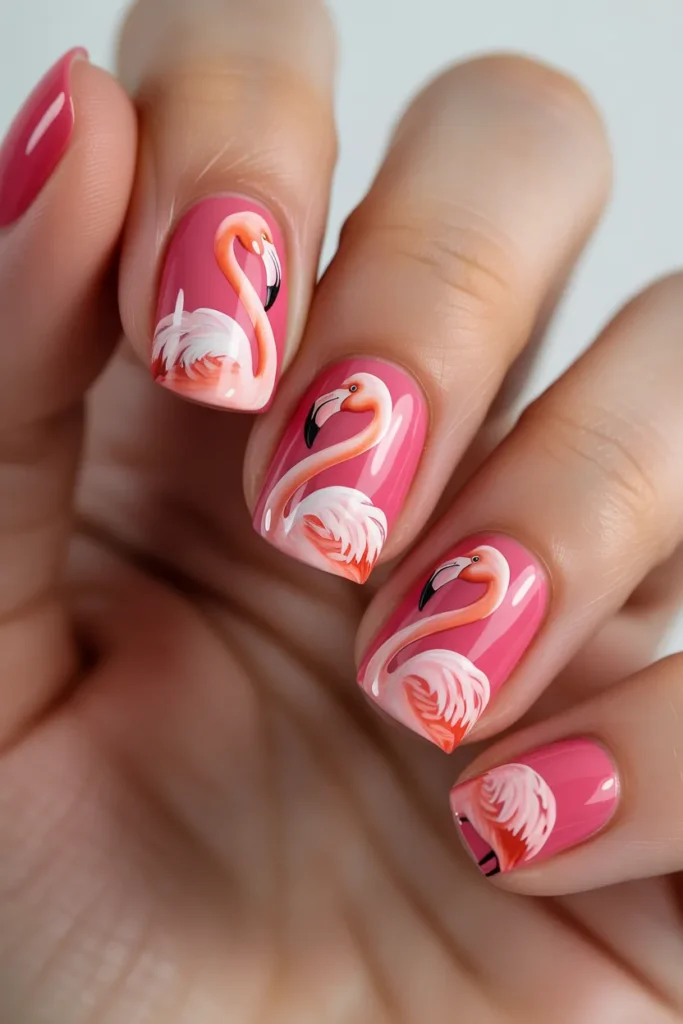 Bright pink nails with flamingo illustrations