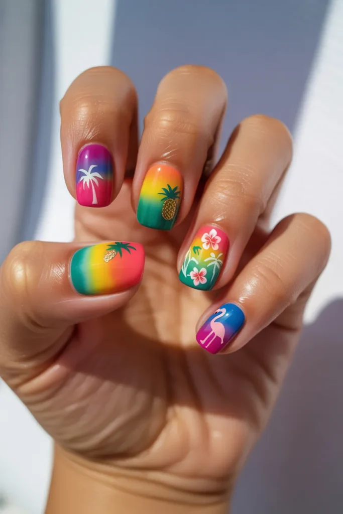Bright rainbow nails with tropical elements