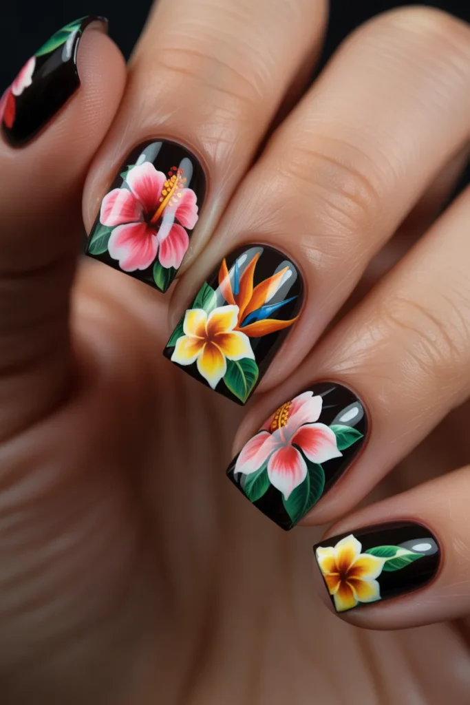 Bright tropical flowers on black nails