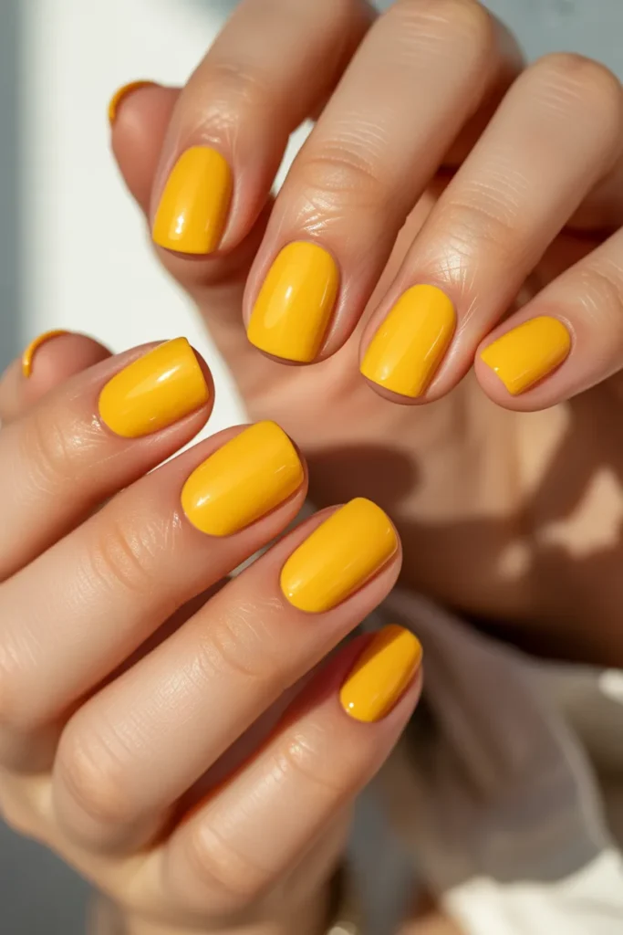 Bright yellow nails, glossy finish