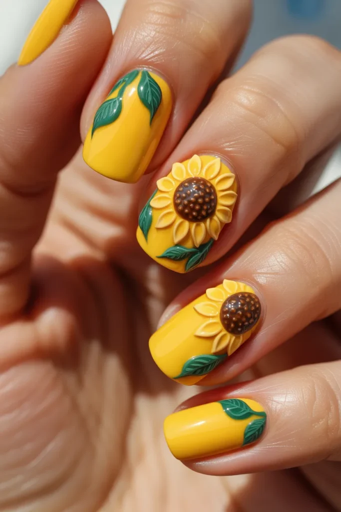 Bright yellow nails with 3D sunflower designs and green leaves