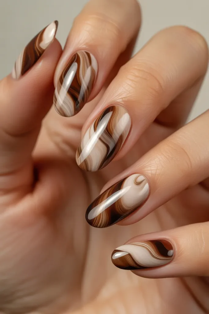 Brown marble nail art with swirls of cream