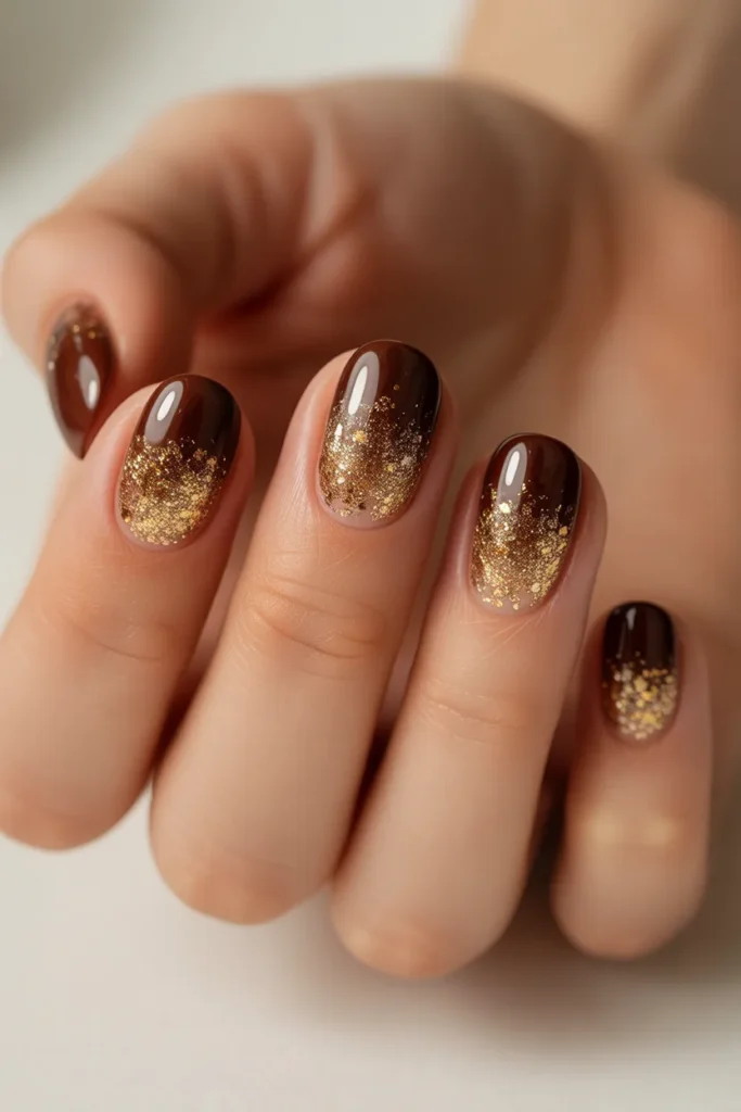 Brown nails fading into glitter tips