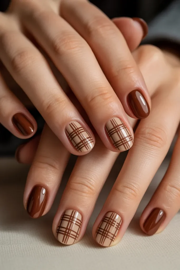 Brown nails with plaid patterns in beige and cream