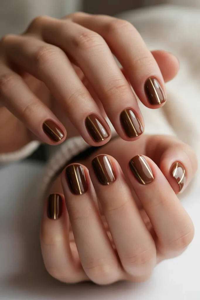 Brown nails with thin gold stripe accents