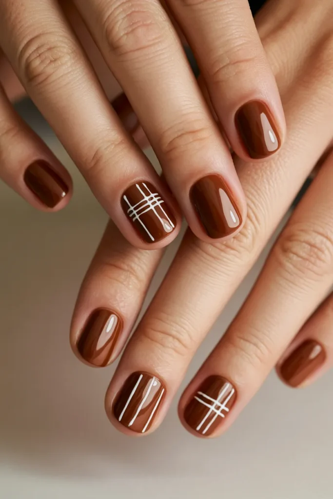 Brown nails with thin white lines and patterns