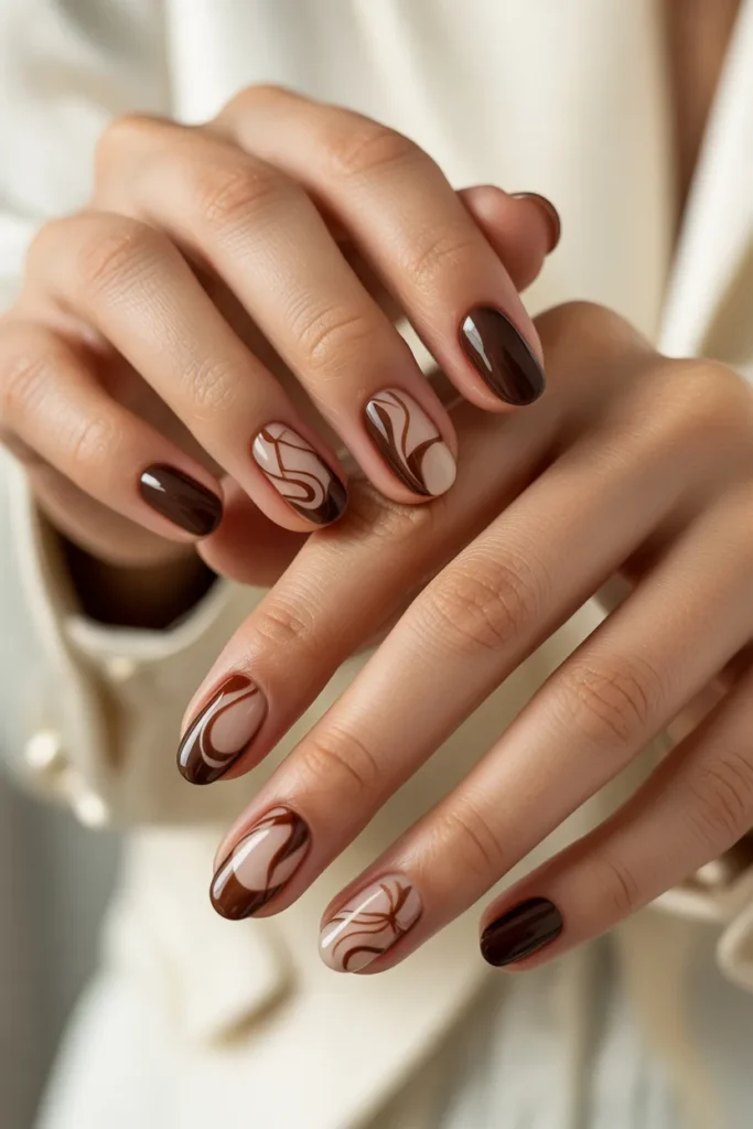 Brown nails with transparent negative space design
