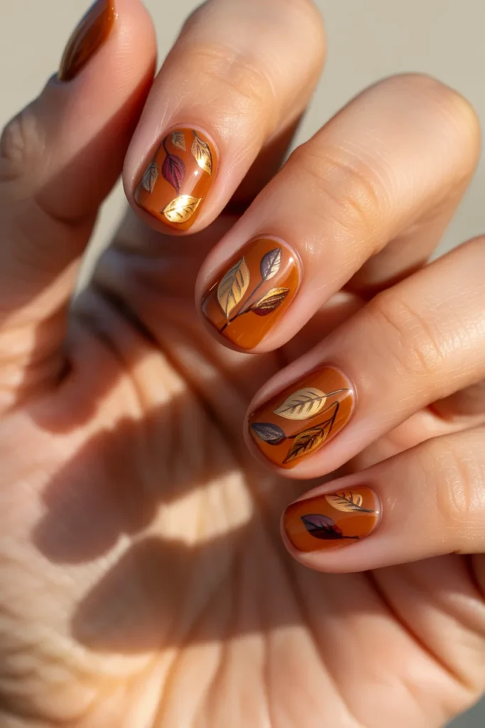 Burnt orange nails with leaf patterns