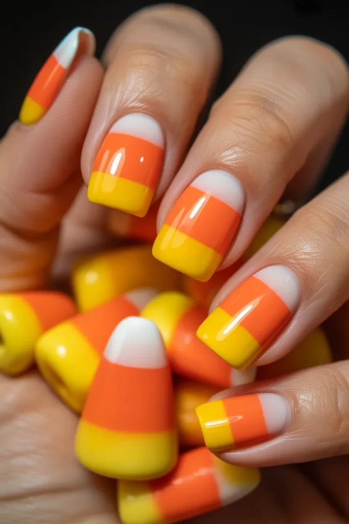 Candy corn nail design, striped nails, bright colors