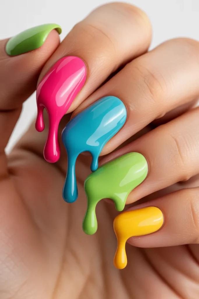 Candy drip nail art, colorful dripping design