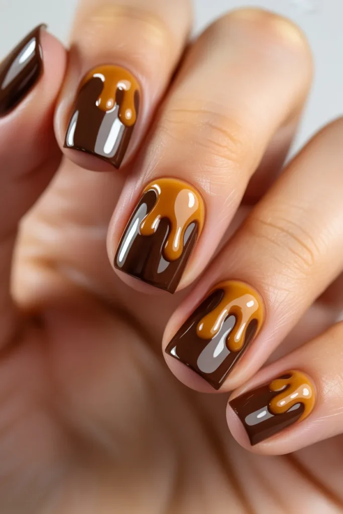 Chocolate nails with caramel drip design