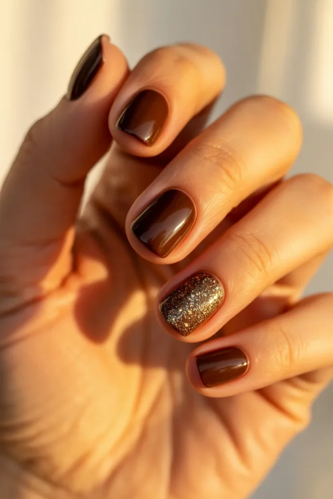 Chocolate nails with one glitter accent nail