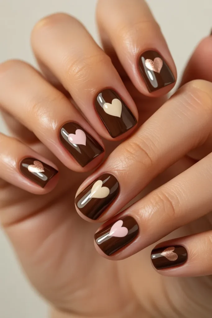 Chocolate nails with small heart designs