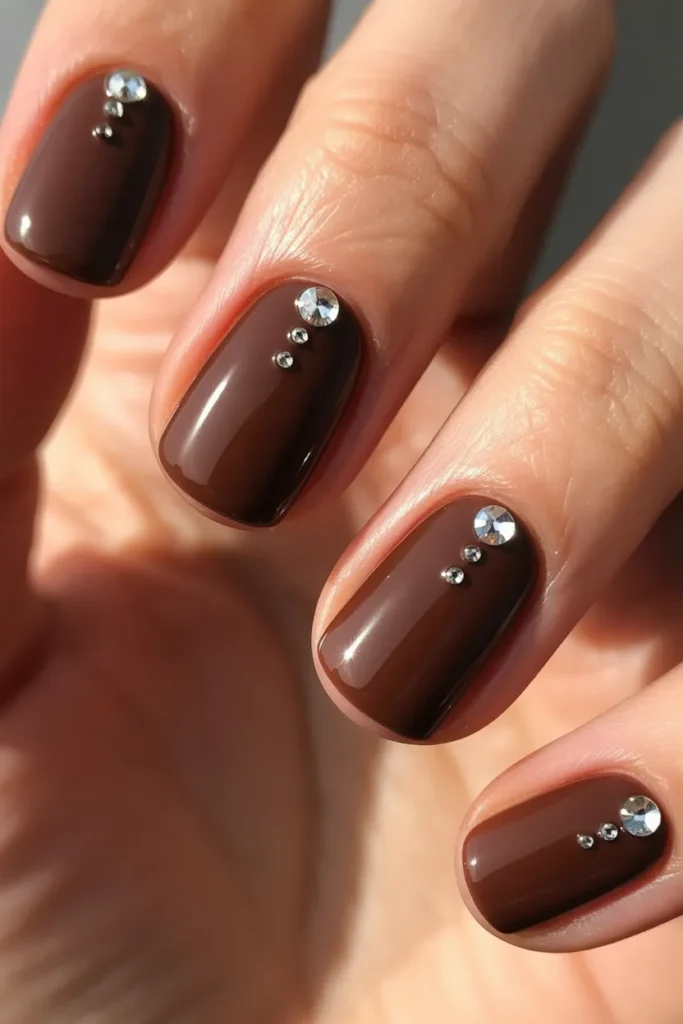 Chocolate nails with subtle rhinestone details