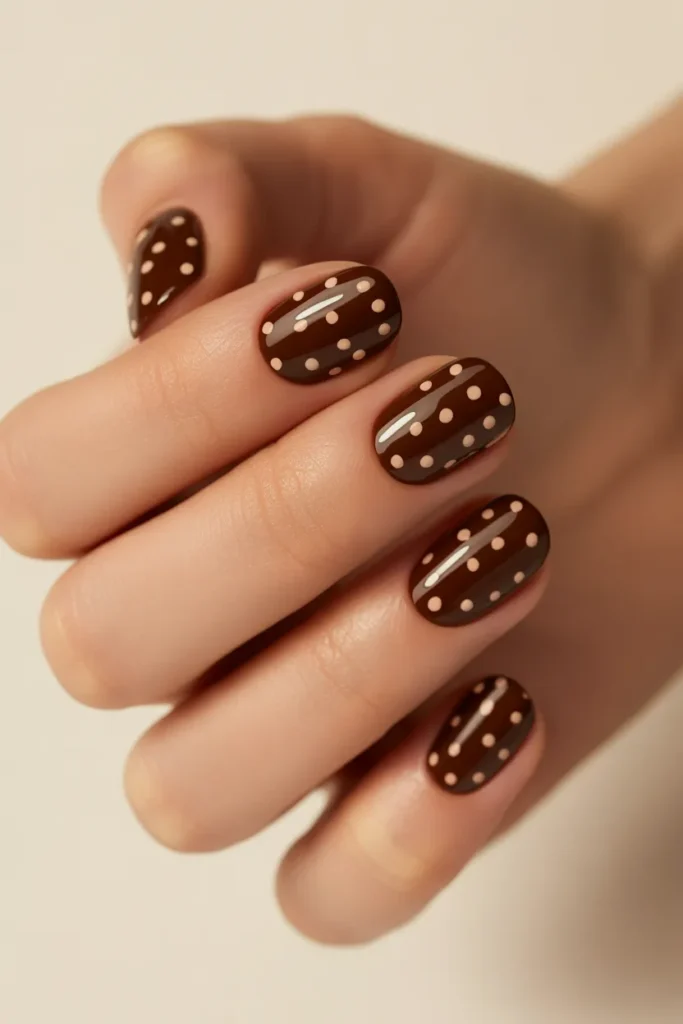 Chocolate nails with tiny beige polka dots