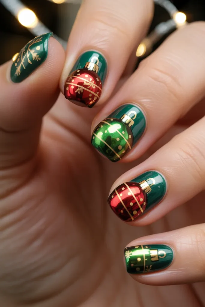 Christmas ornament nail art, shiny baubles design