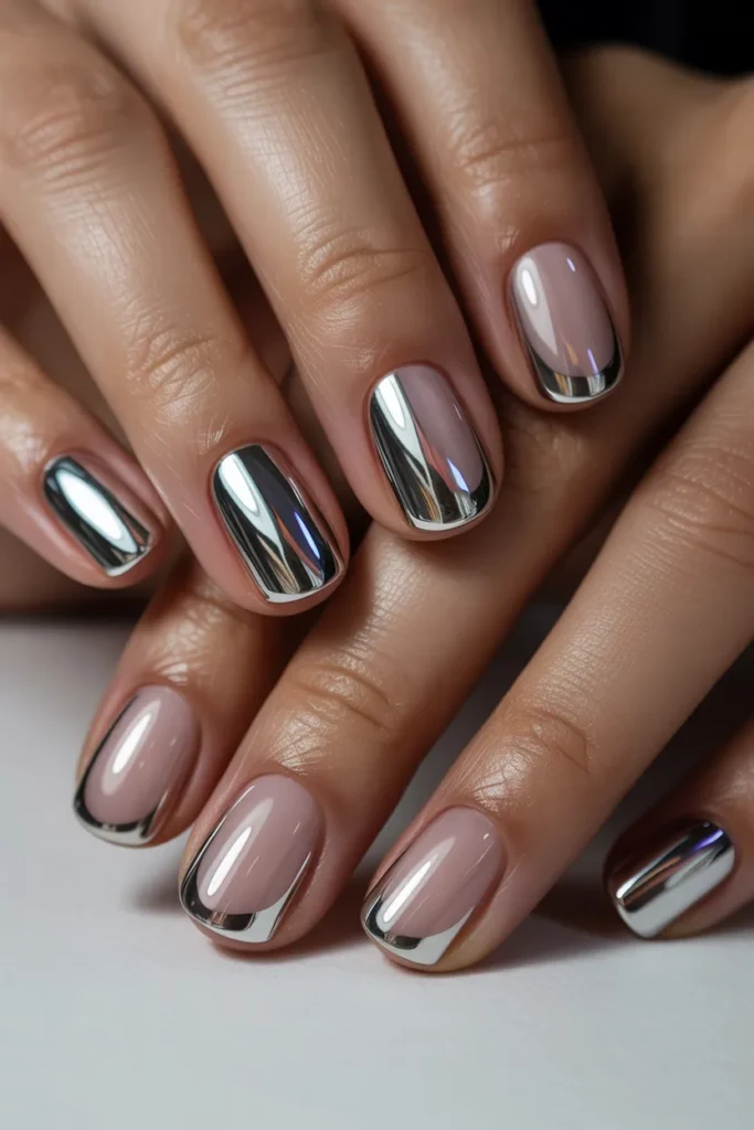Chrome French nails, metallic tips
