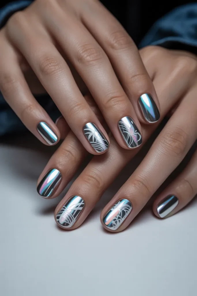 Chrome metallic nails, mirror finish