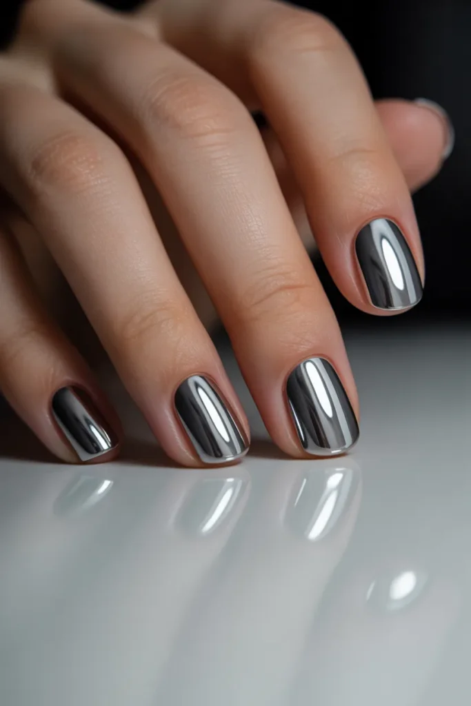 Chrome mirror nails, metallic shine