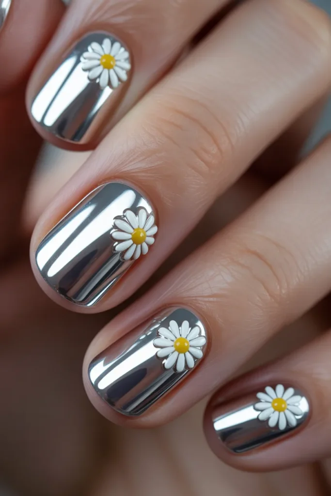 Chrome nails with daisy flower accents