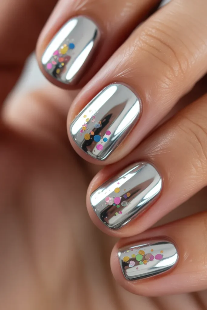 Chrome nails with scattered confetti accents