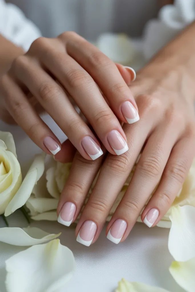Classic French tip nails with white tips and pink base